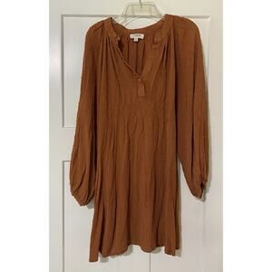 Umgee Rusty Brown Swiss Dot dress Cinched Waist V-Neck Size Small